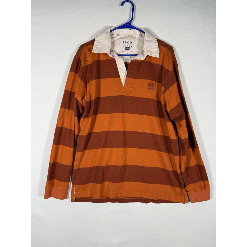 VTG Izod Rugby Shirt Mens Medium Long Sleeve Heavyweight Orange Striped 90s